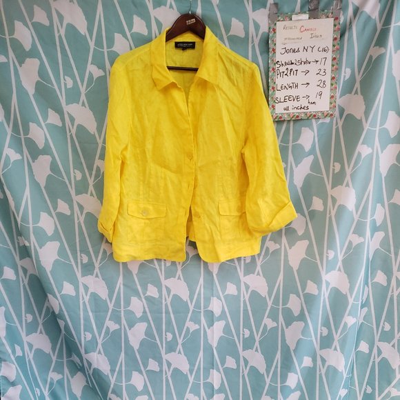 Bright Yellow Pure Linen Button up L/Sleeve Jacket +measurement size 16 - Picture 3 of 9